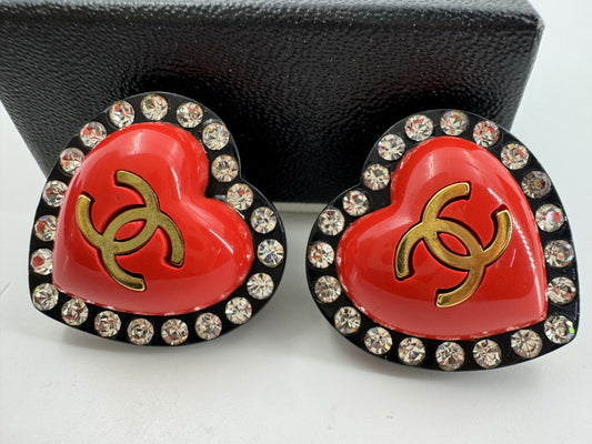 Chanel Vintage 95P Rhinestone & Gold Plated Heart-shaped Black and Red Clip-on Earrings