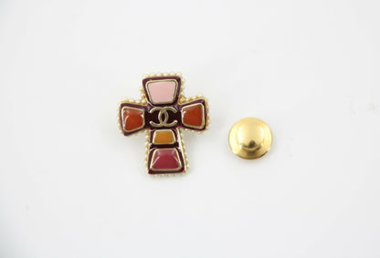 Chanel Vintage 03A Gripoix Red-Orange Imitation Pearl Cross Brooch
