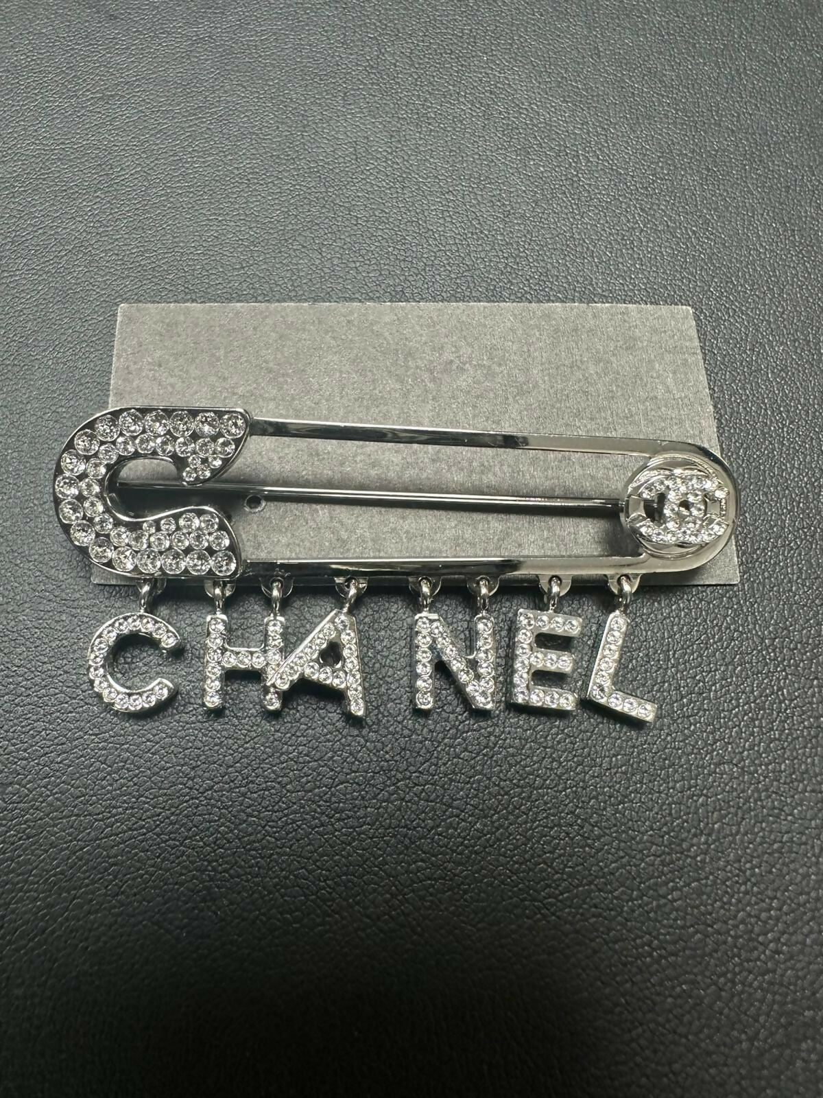 Chanel 2018 Rhinestone CHANEL Letters Safety Pin Brooch
