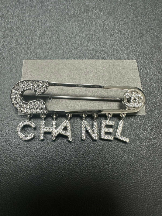 Chanel 2018 Rhinestone CHANEL Letters Safety Pin Brooch