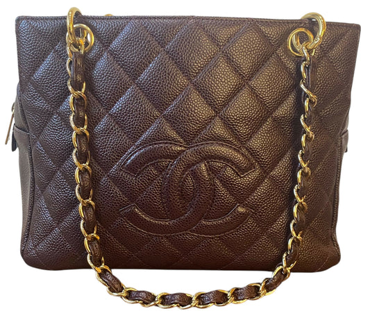 Chanel PPT Dark Chocolate Brown Quilted Caviar Leather Petite Timeless Shopping Tote Bag GHW