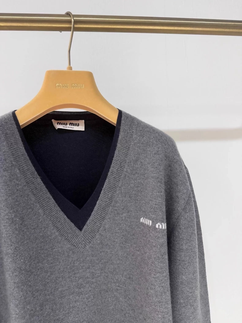 Miu miu V-neck layered cashmere knit sweater,