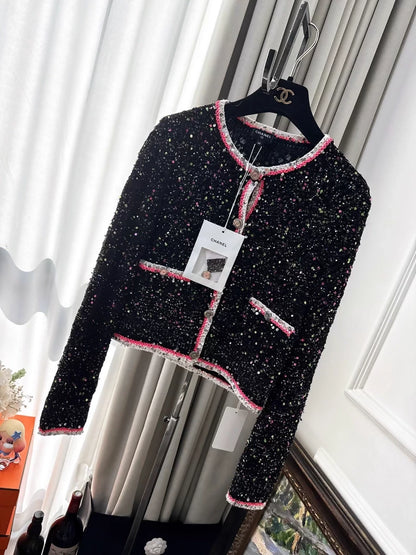 Chanel 24C black cardigan with pink trim and colorful sequins