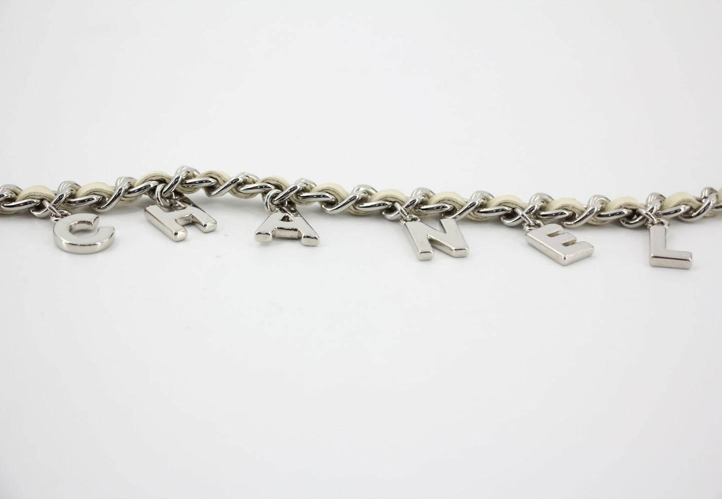 Chanel A12C Leather with Metal Beige White and Silver Waist Chain L95