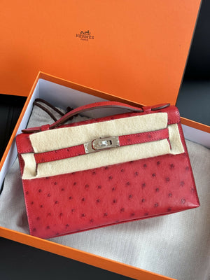 Hermès Kelly Pochette Rouge Vif (Color Code 53) Ostrich Leather with Palladium Hardware