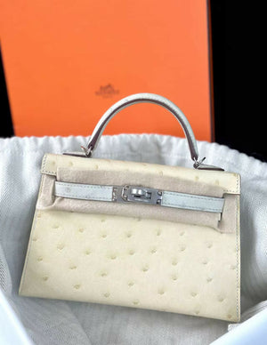 Hermès Mini Kelly 20 Vanilla / Gris Perle Ostrich Leather with Palladium Hardware