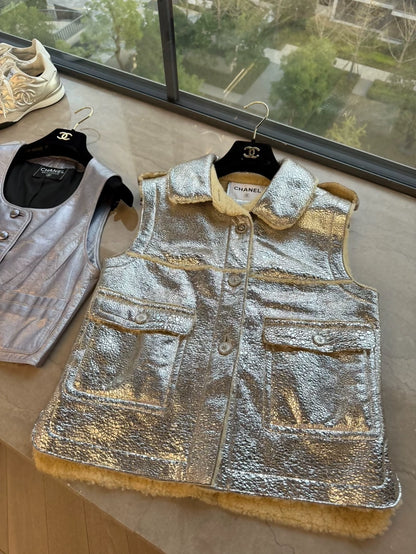 Chanel 08 silver metalic Lambskin leather & wool Vest