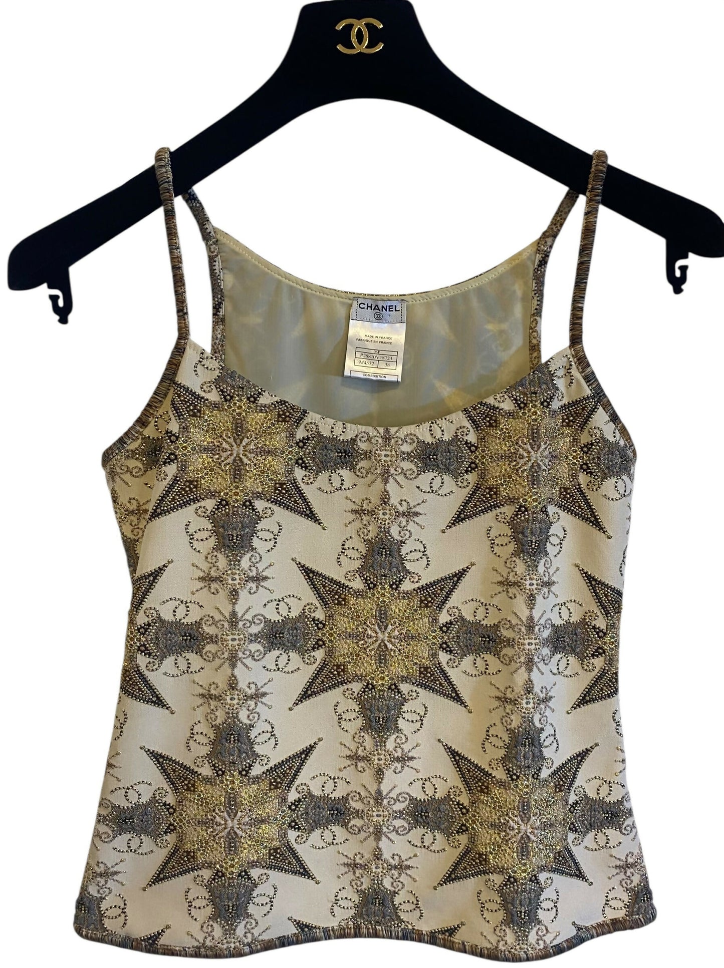 Rare Chanel 06P Ecru Gold Metallic Tank Top Camisole Blouse FR 38