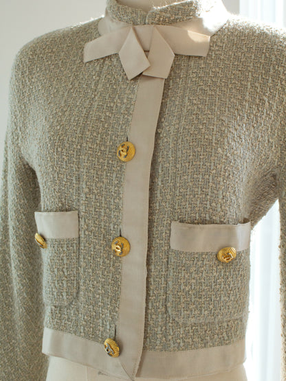 chanel vintage ss 1990 seafoam green satin bow tweed cropped jacket 5