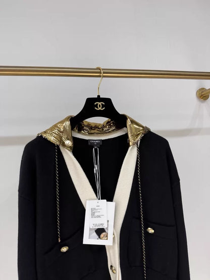 Chanel 24C black/white/gold sequined hoodie cardigan