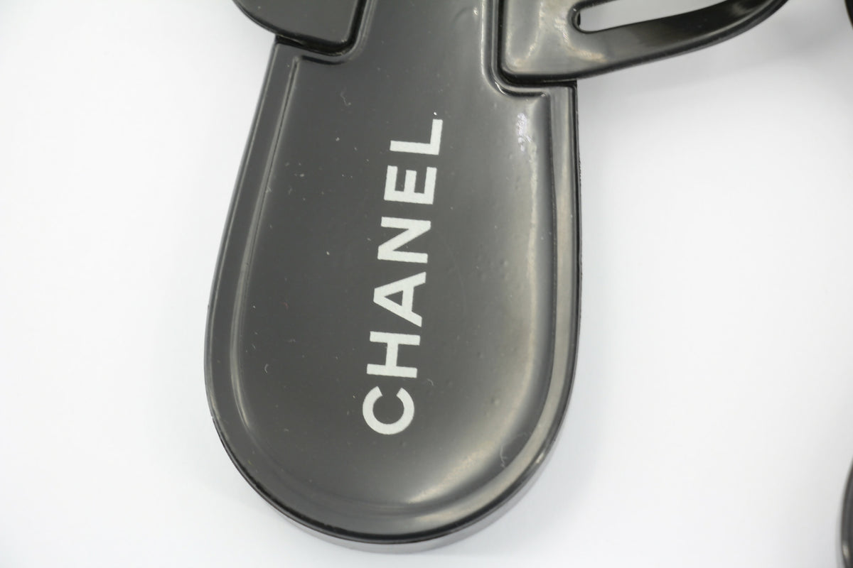 Chanel Rubber Black Leather Cream Camellia Sandals