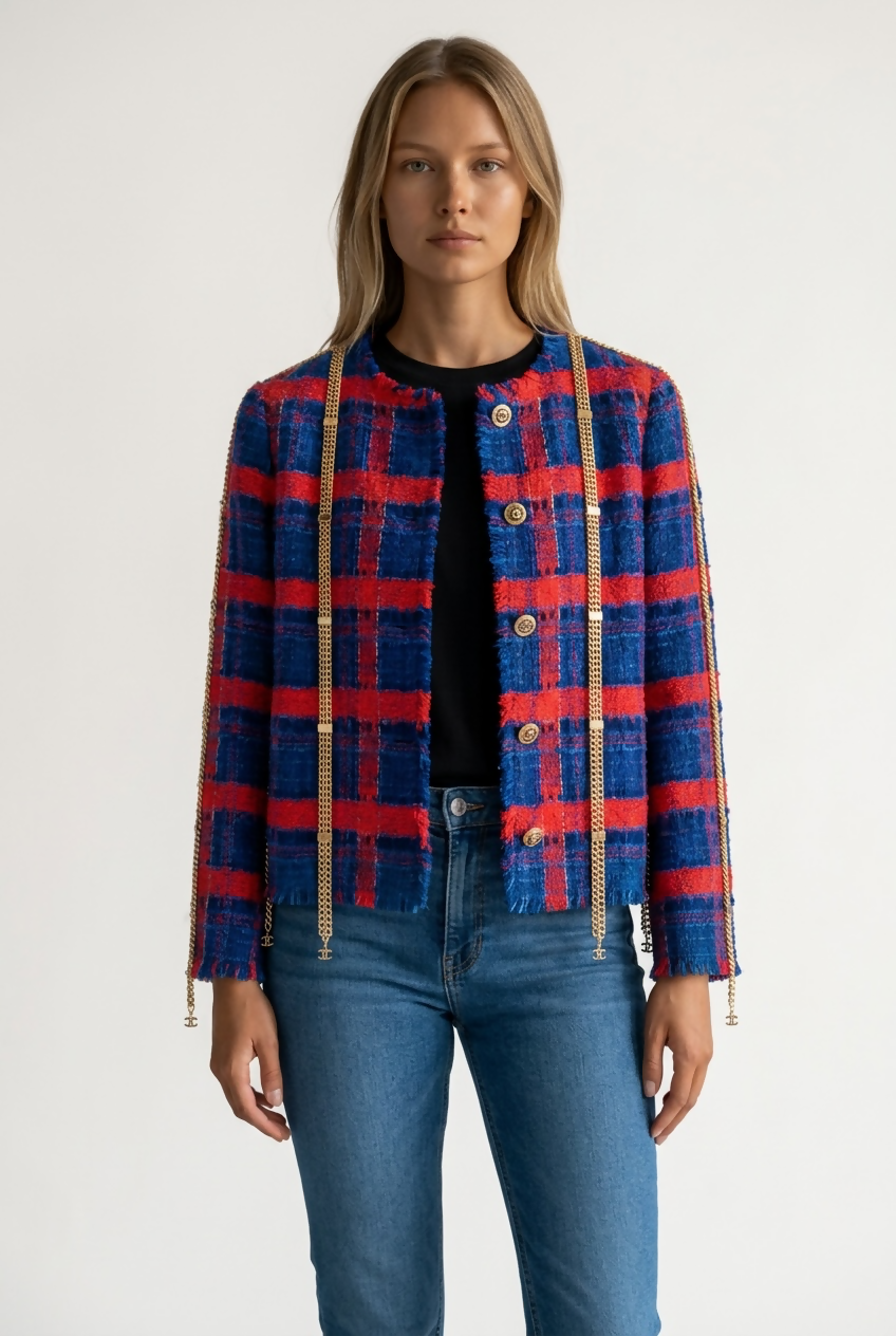 RARE CHANEL 08P RUNWAY BLUE RED GOLD CC MULTI CHAINS TWEED JACKET FR 44