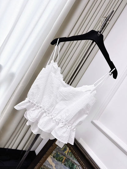 Chanel 26C white 3D floral ruffled logo camisole top