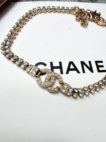 Chanel 20B double C full diamond light gold choker necklace