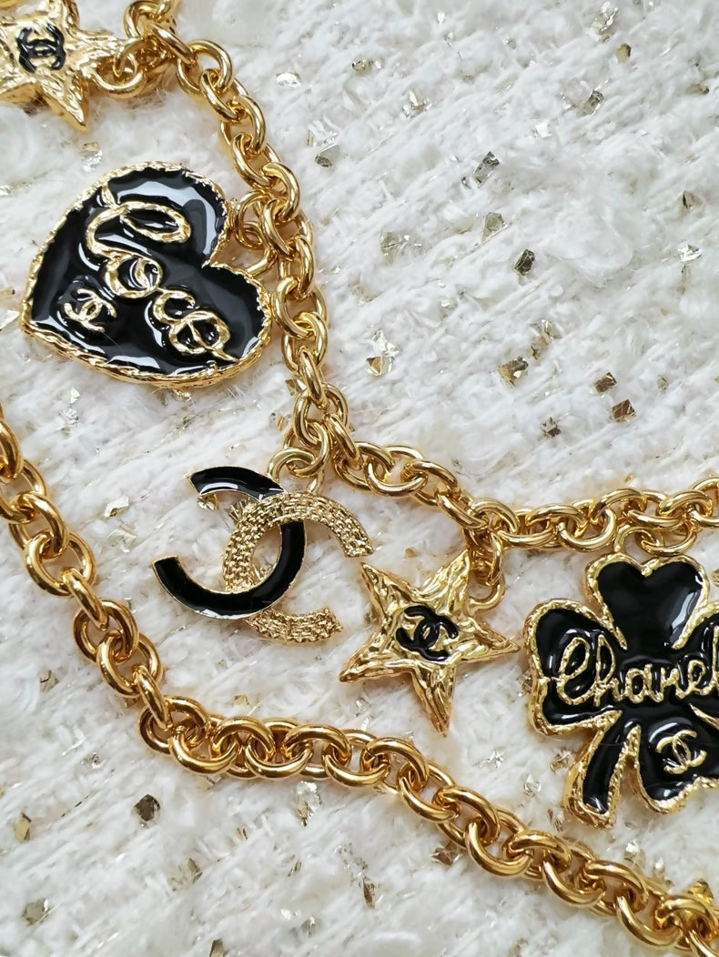 Chanel 24P Vintage Gold Double C Enamel Heart, Star, and Four-Leaf Clover Double Waist Chain