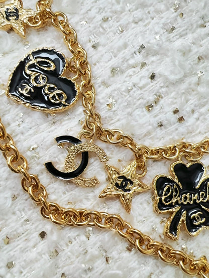 Chanel 24P Vintage Gold Double C Enamel Heart, Star, and Four-Leaf Clover Double Waist Chain