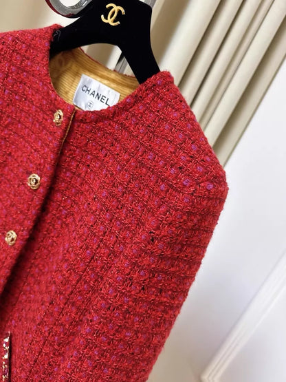 Chanel 23B red tweed jacket with gold buttons and two pockets
