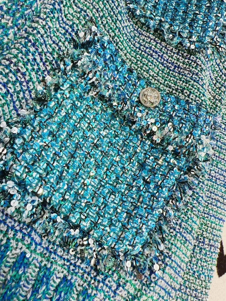 Chanel 23P light blue sequined four-pocket knit cardigan