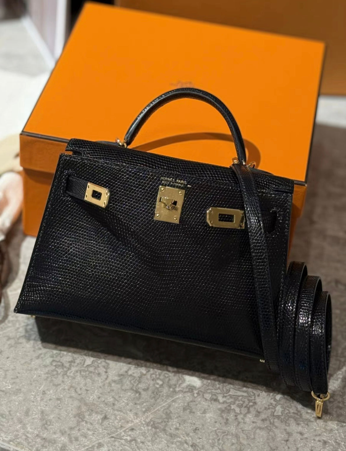 Hermes Mini Kelly Black Lizard Gold Hardware