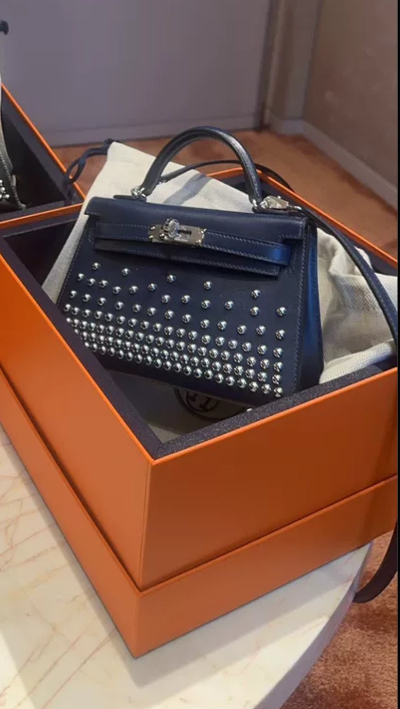 HERMÈS KELLY MINI CLOUTE BLEU ABYSS BOX CALF STUDDED LEATHER PALLADIUM HARDWARE