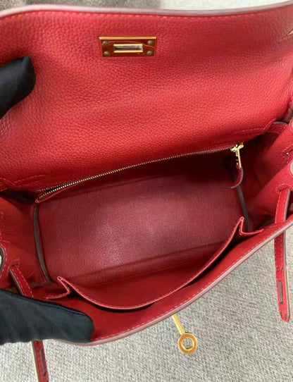 HERMES KELLY 25 RETOURNE ROUGE VIF TOGO GOLD HARDWARE