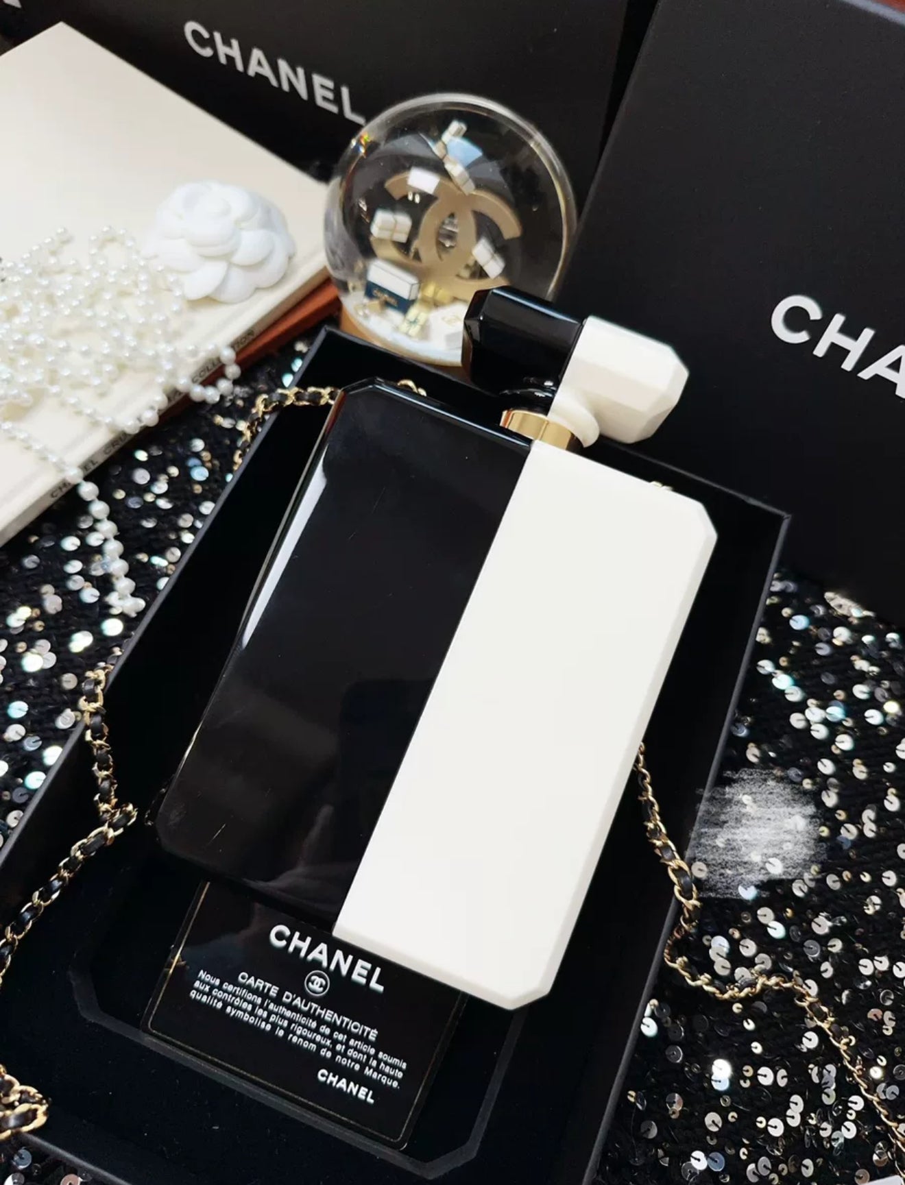 Chanel 20k Black and White Acrylic Perfume Bottle clutch Bag
