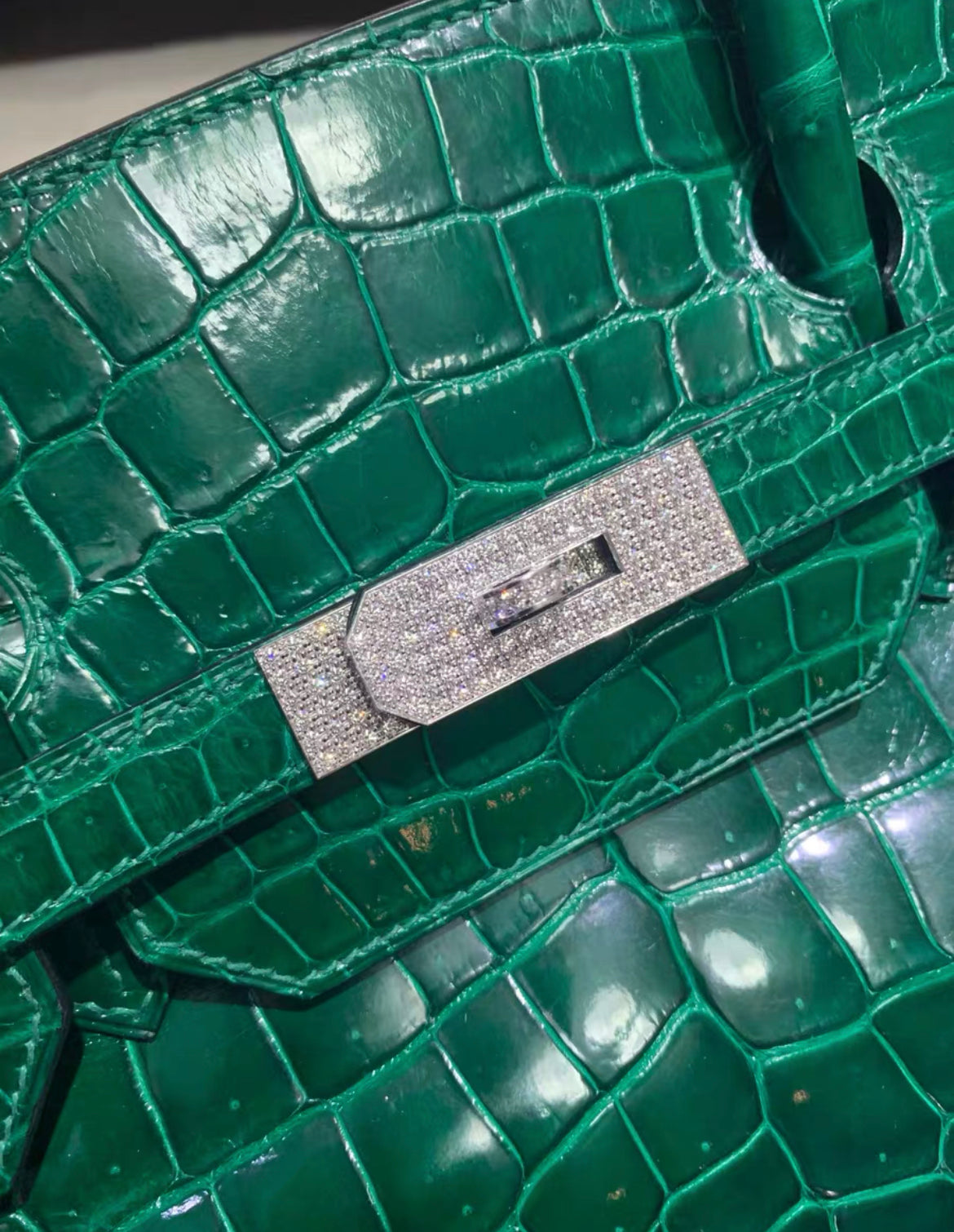 Hermes Birkin 40 Bag Emerald Shiny Porosus Crocodile Diamond Hardware