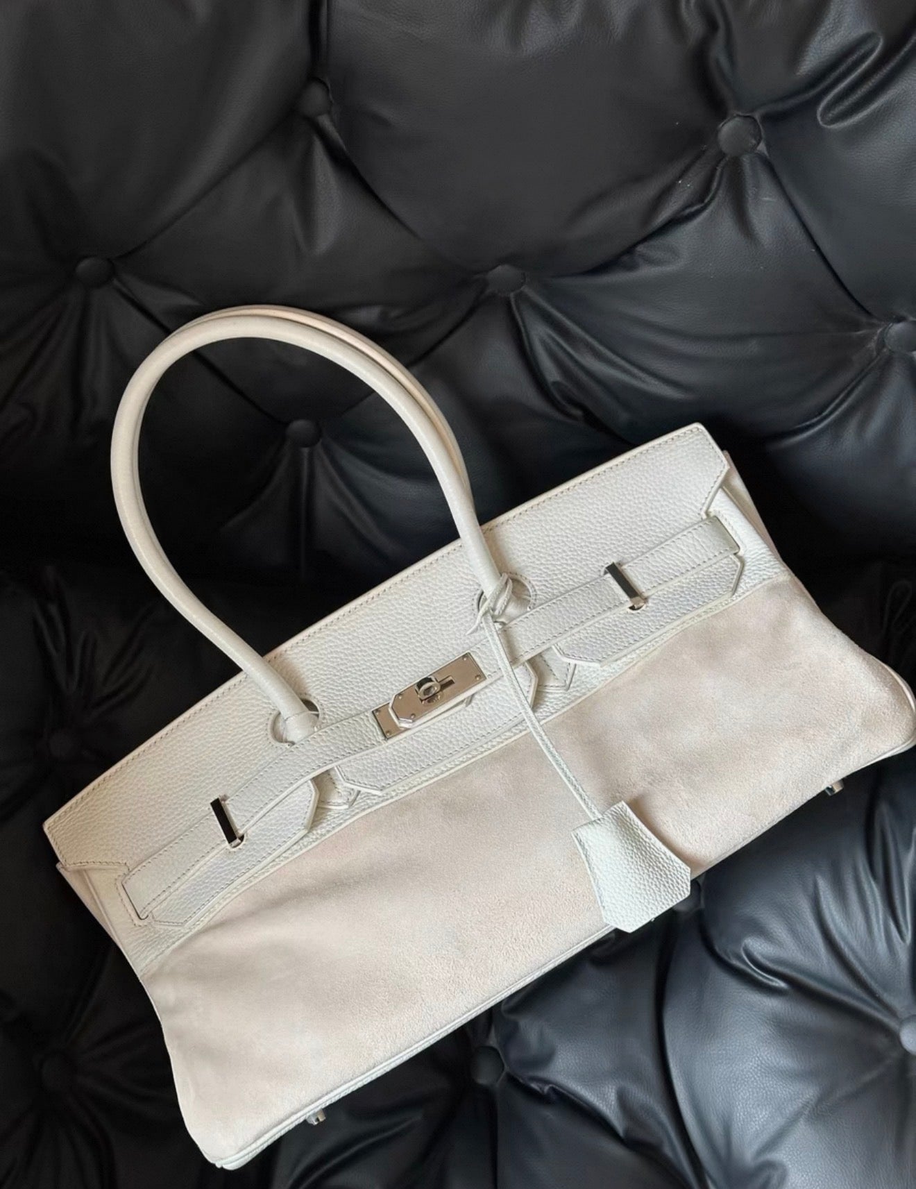 Hermes Birkin Shoulder 42 Cream White leather & Doblis suede with palladium hardware