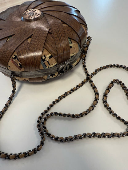Rare Chanel “Havana By Night” Round Woven Wood and Tweed Minaudière