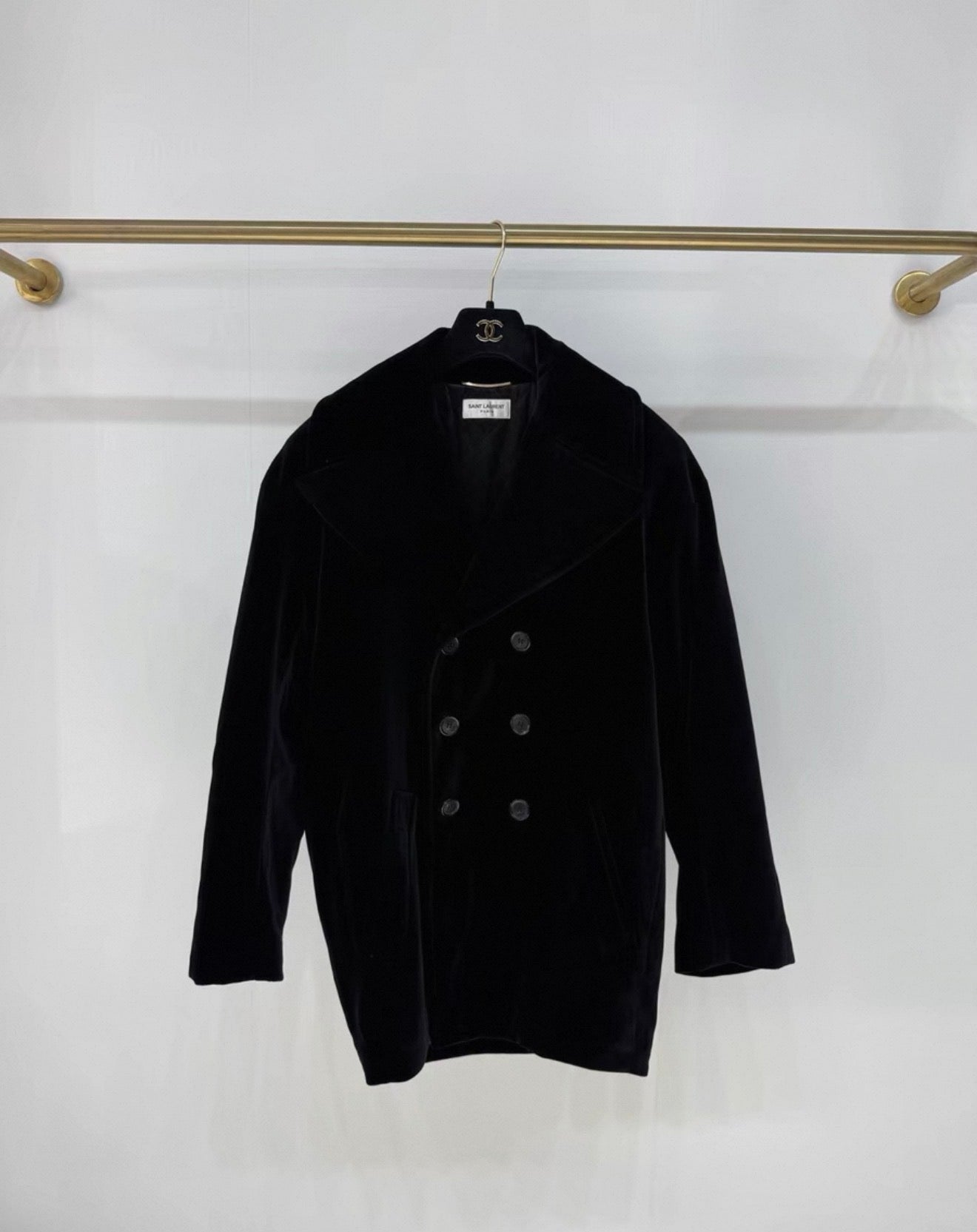 Saint Laurent rhinestone logo black velvet coat