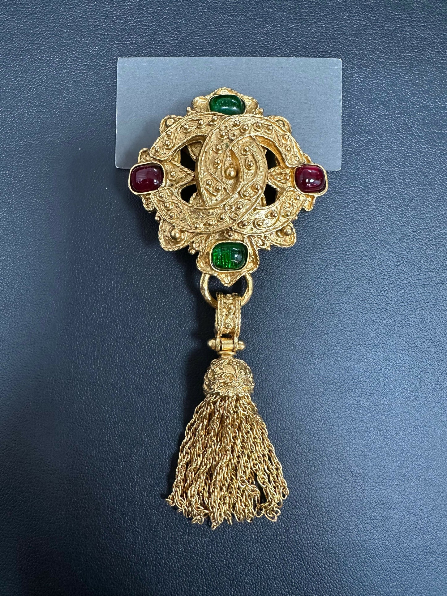 Chanel Vintage 94 Gripoix Red Green and Gold Plated CC Tassel Brooch
