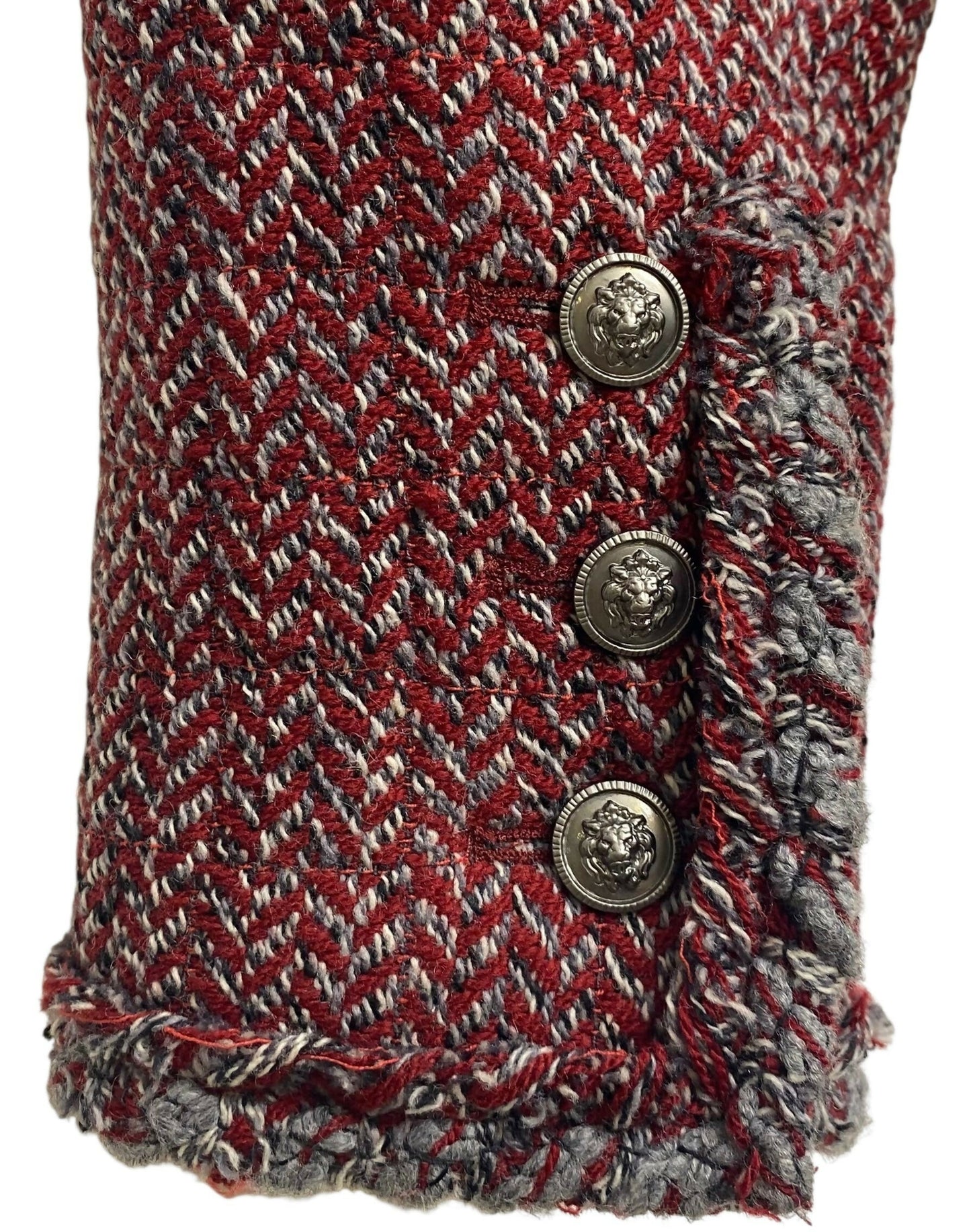 CHANEL 08A BURGUNDY GREY BRAIDED TRIM TWEED JACKET BLAZER FR 38