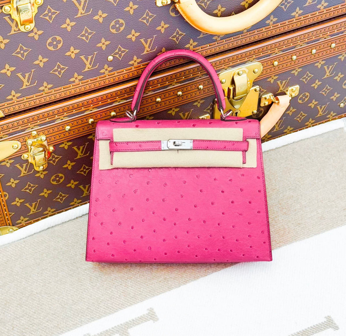 Hermes Kelly 25 Retourne Bag Pink Ostrich with Palladium Hardware