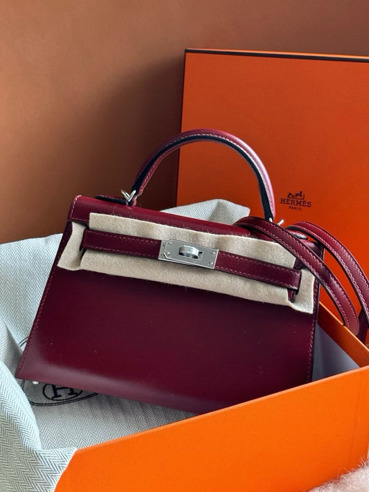 Hermès mini Kelly 20 rouge h box leather palladium hardware