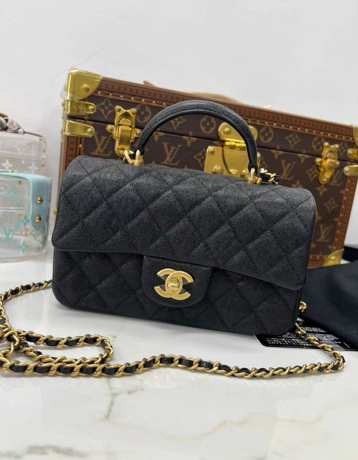 Chanel Black Caviar Quilted Mini Top Handle Rectangular Flap with Gold Hardware