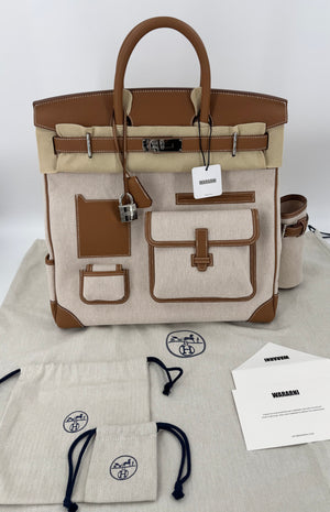 Hermes Birkin HAC 40 Cargo in canvas gold-brown leather palladium hardware