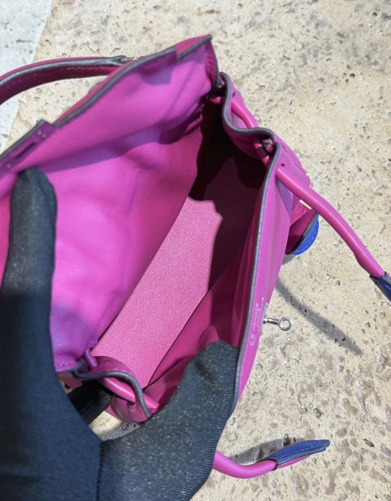 Hermes Kelly Doll Rose/Purple/Blue swift leather palladium hardware