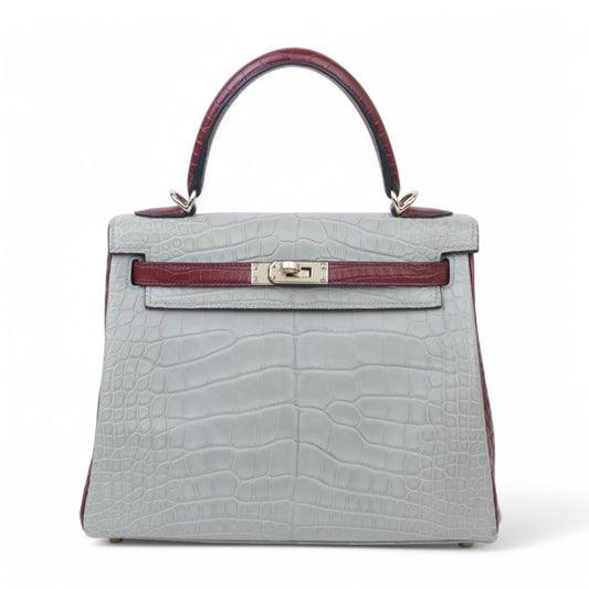 Hermes Kelly 25 Gris Perle Rouge H Matte Alligator Permabrass hardware