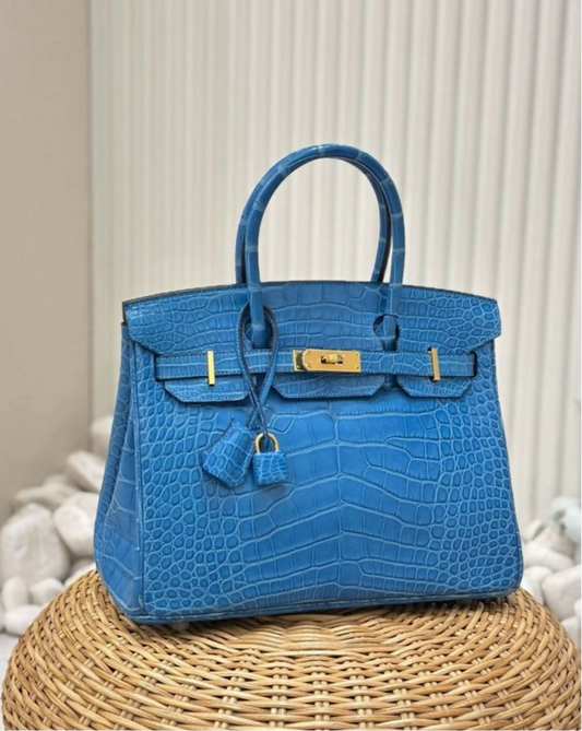 Hermes Birkin 30 Blue Matte Crocodile Leather Gold Hardware
