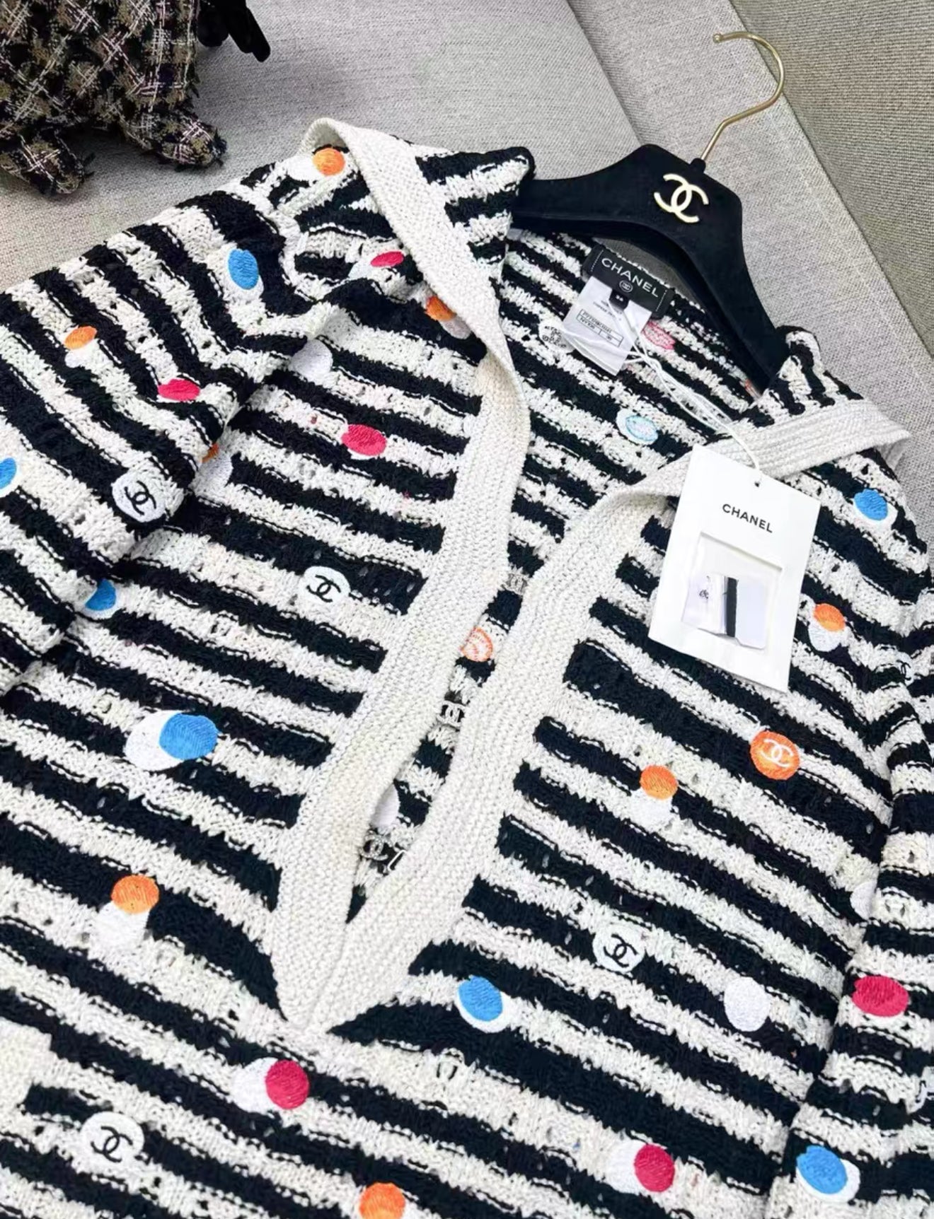 Chanel 24S black and white striped colorful polka dot navy collar knitted top