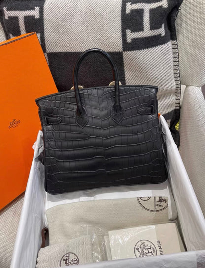 Hermes Birkin 25 Black Matte Crocodile Leather Palladium Hardware