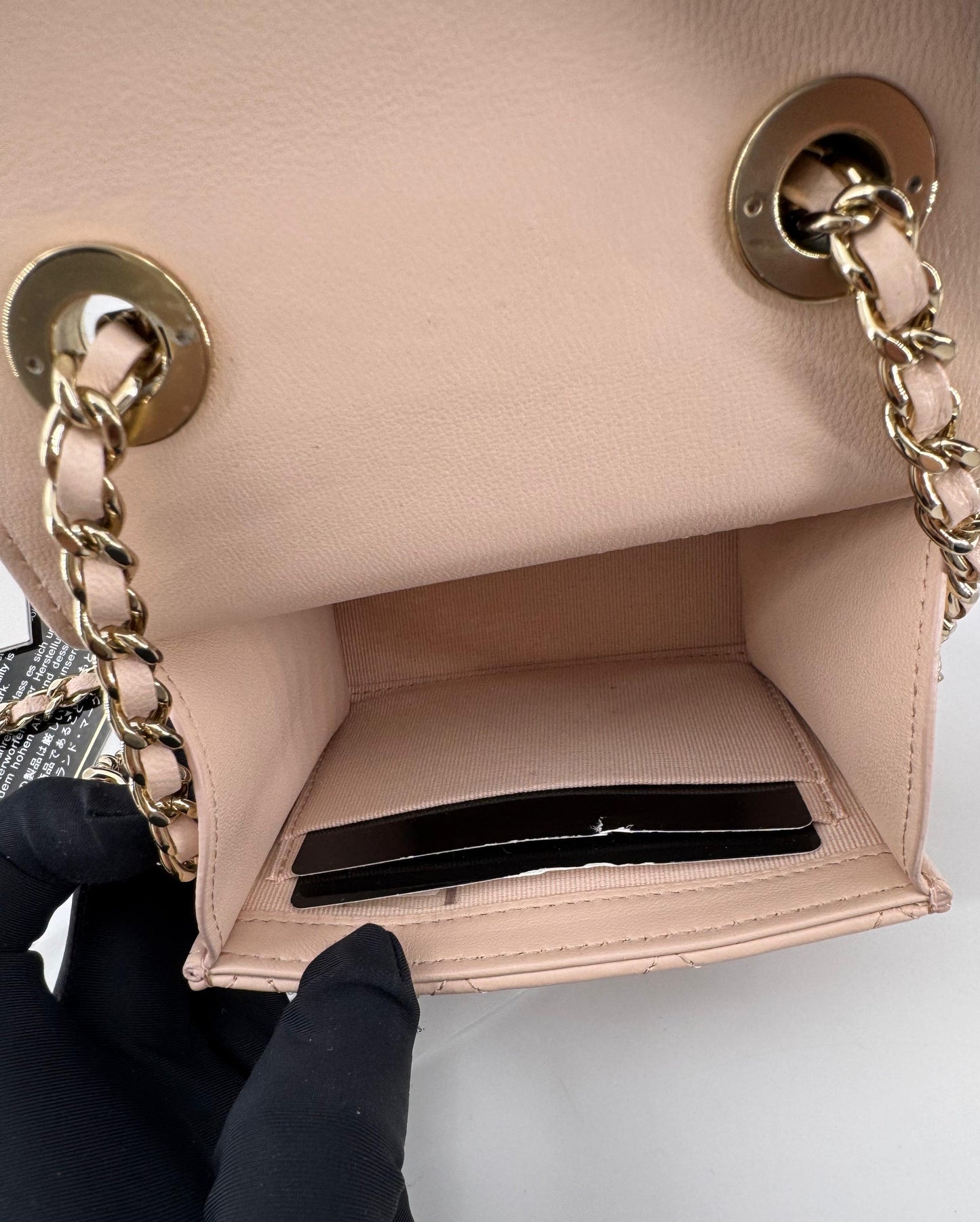 Chanel peach quilted leather coin purse with gold chain strap