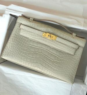Hermes Kelly Pochette Beton Matte Alligator Gold Hardware