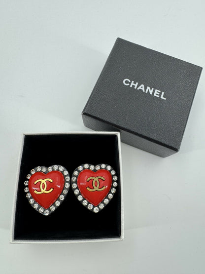 Chanel Vintage 95P Rhinestone & Gold Plated Heart-shaped Black and Red Clip-on Earrings