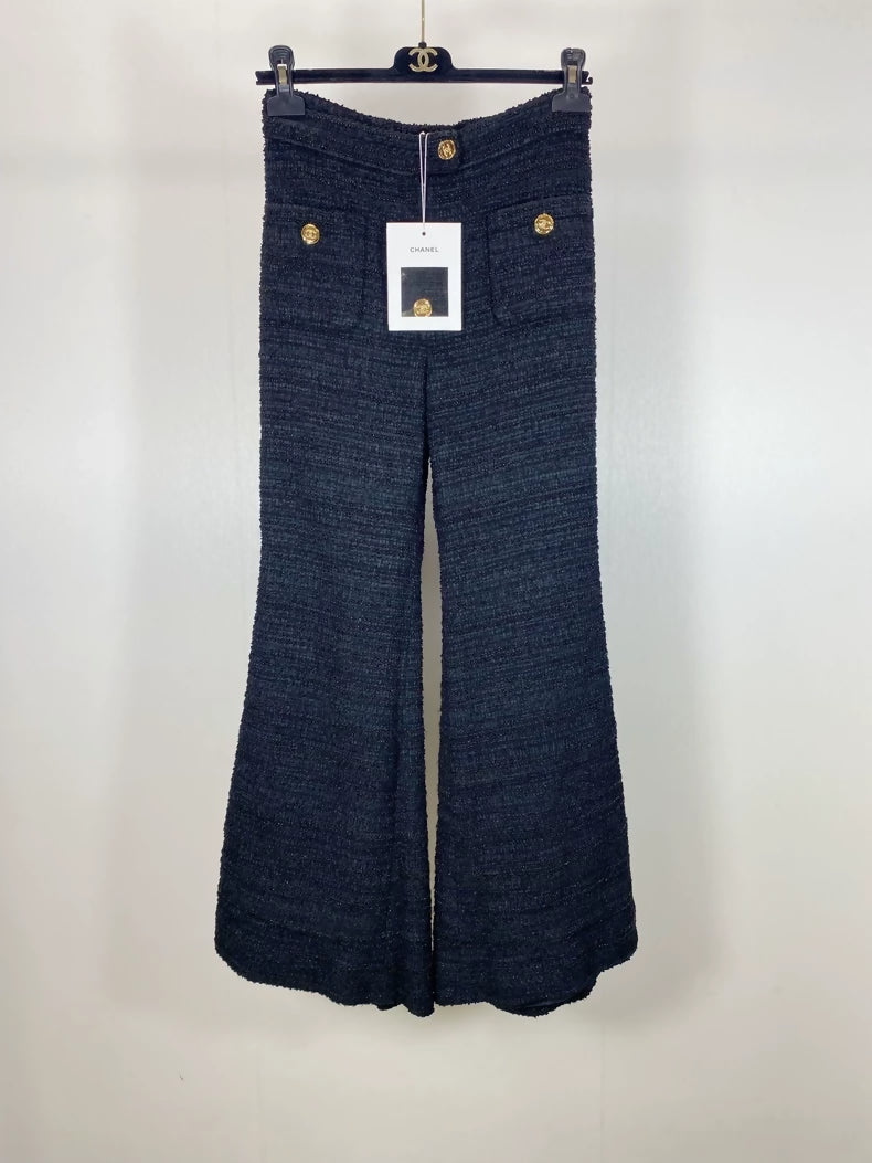 Chanel blue and gold woven flared wide-leg trousers