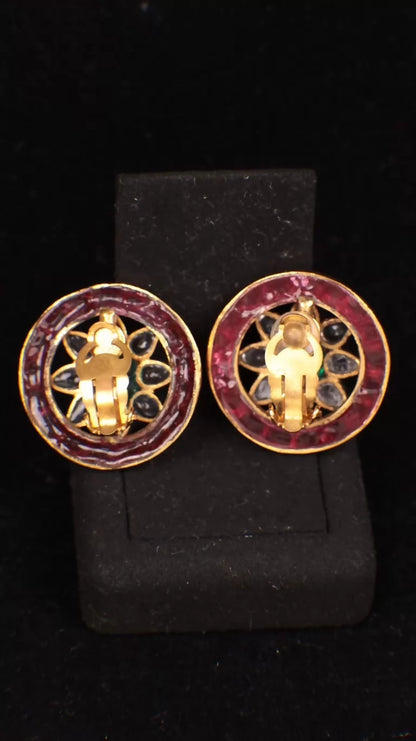 Chanel 1994 Openwork Red and Green Flower Glass Clip-on Earrings