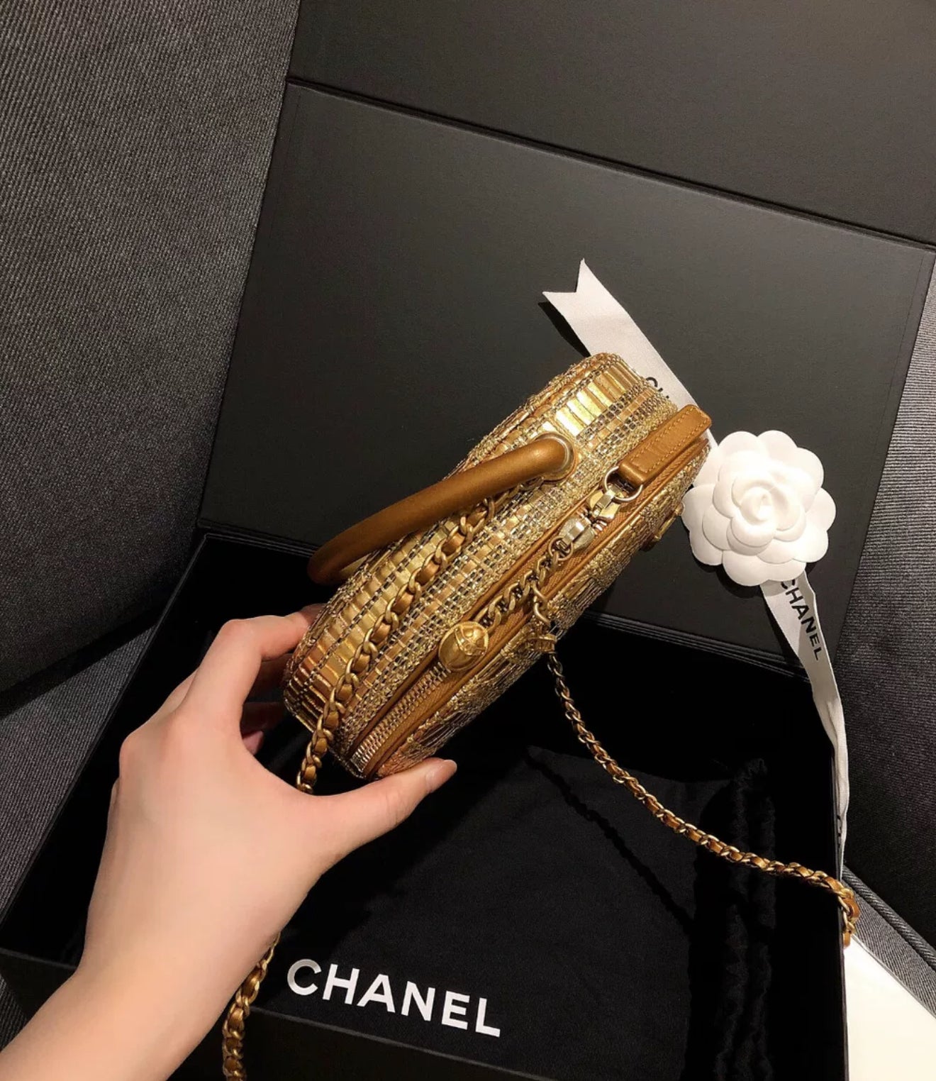 Chanel 19A Egyptian Gold Tweed Runway Handle Crossbody Bag
