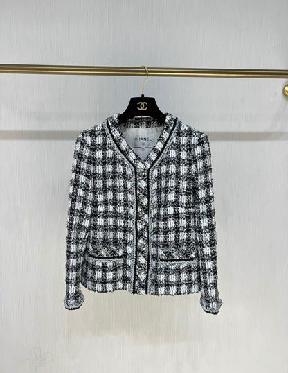 Chanel 23P Tweed Check Jacket with Contrast Trim in White, Black, Blue & Silver