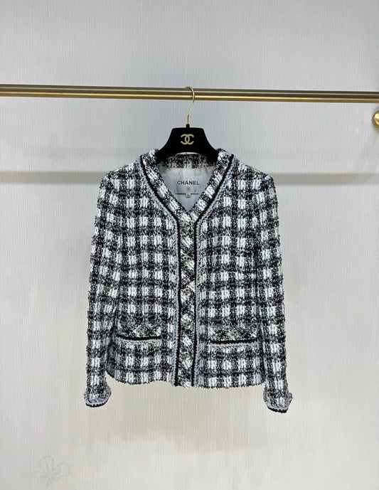 Chanel 23P Tweed Check Jacket with Contrast Trim in White, Black, Blue & Silver