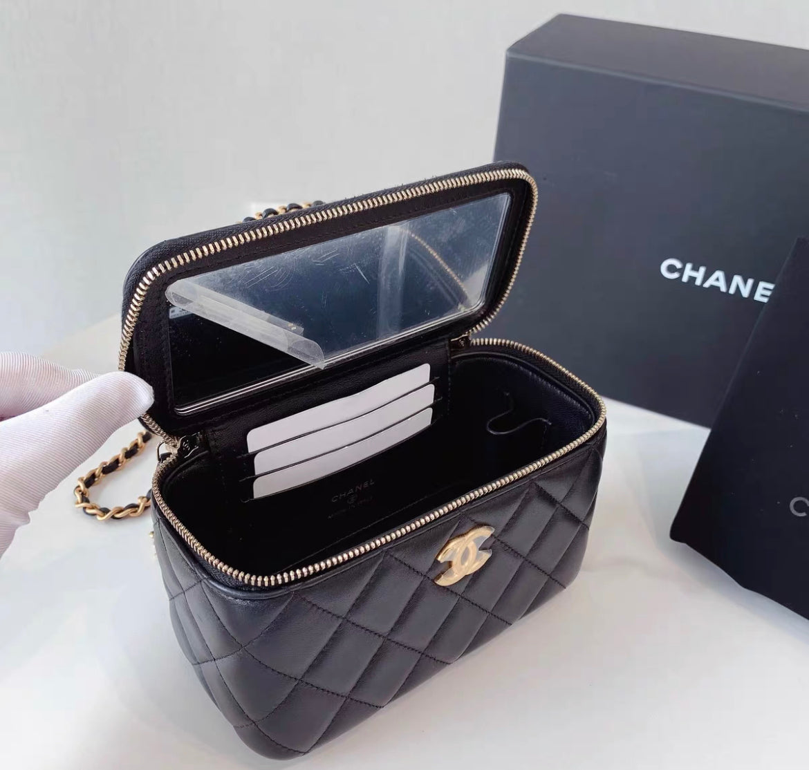 Chanel Mini Vanity Top Handle Case Black Lambskin Brushed Gold Hardware